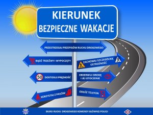 Zdjęcie drogi, słońca, znaku z napisem Kierunek Bezpieczne Wakacje