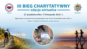 Plakat informacyjny o 3 biegu charytatywnym edycja wirtualna w  dniach 27 października do 7 listopada 2021 roku