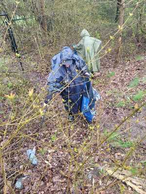 Zdjęcie osób sprzątających teren leśny ubranych w płaszcze przeciwdeszczowe