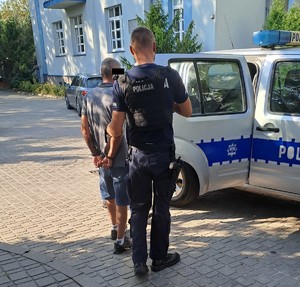 policjant umieszcza zatrzymanego w radiowozie