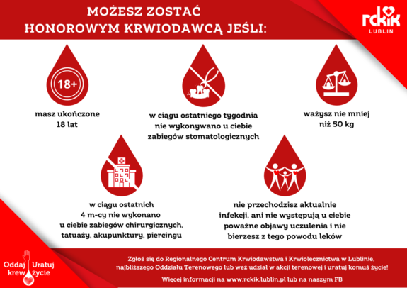 plakat opisują kto może zostać dawcą krwi