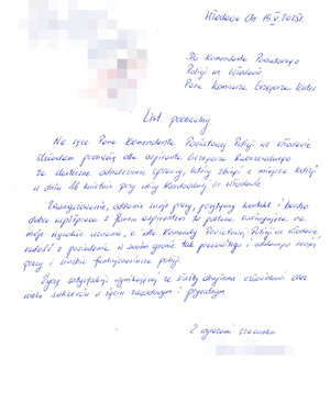 list pochwalny, treść listy wyrażona w komunikacie
