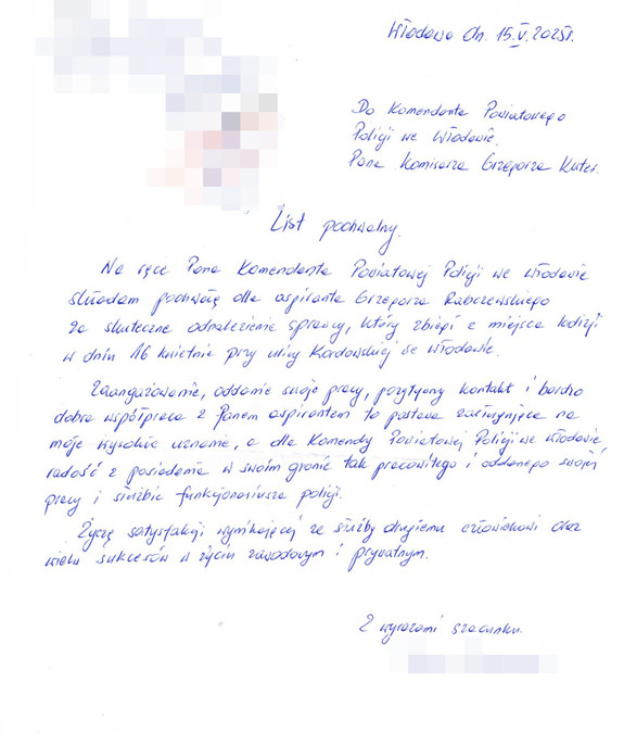list pochwalny, treść listy wyrażona w komunikacie