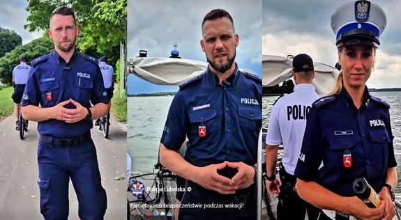 Na zdjęciach 2 policjantów i policjantka mówią o bezpieczeństwie podczas wakacji