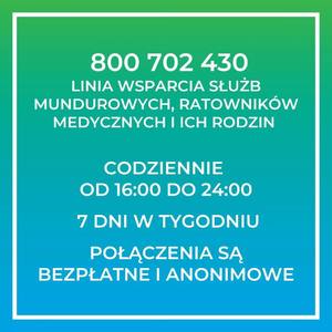 zdjęcie z numerem telefonu 800702430 Linia Wsparcia Psychologicznego dla Funkcjonariuszy i Pracowników Służb Mundurowych, Ratownictwa Medycznego i ich Rodzin codziennie pd 16 do 24, połączenia są bezpłatne i anonimowe