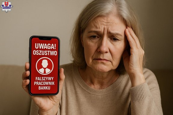 starsza kobieta trzyma telefon w ręku z napisem fałszywy pracownik