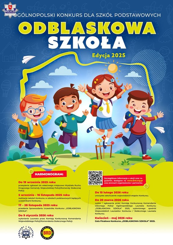Plakat  dotyczący konkursu dla szkół podstawowych pod nazwą „Odblaskowa Szkoła - edycja 2025”