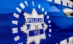 Logo Policji na niebieskim tle Policyjna gwiazda i napis Policja 112
