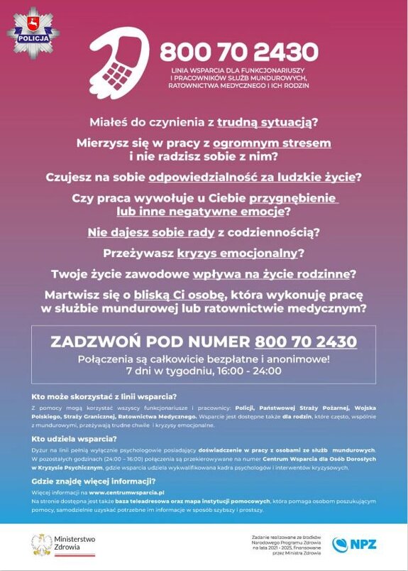 linia wsparcia dla policjantów i pracowników  Policji dane kontaktowe