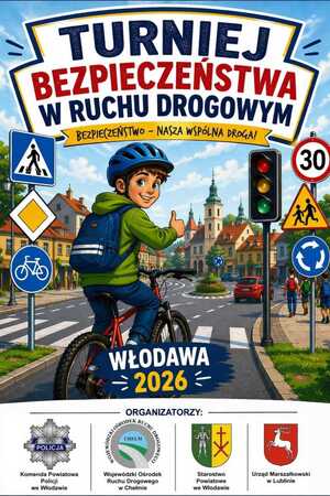 zdjęcie przedstawiające plakat tegorocznego konkursu Bezpieczeństwa w Ruchu Drogowym ( nastolatek na rowerze)