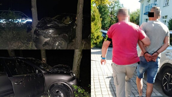 kolaż zdjęć przedstawiający rozbity samochód i policjanta prowadzącego zatrzymanego mężczyznę