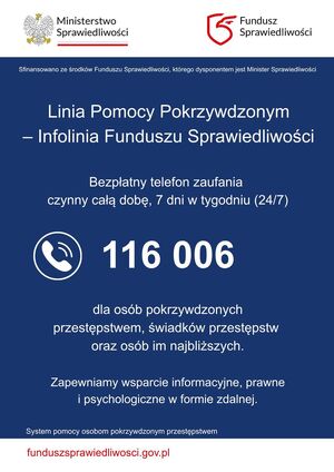 Linia Pomocy Pokrzywdzonym – Infolinia Funduszu Sprawiedliwości dane kontaktowe numer 116 006
