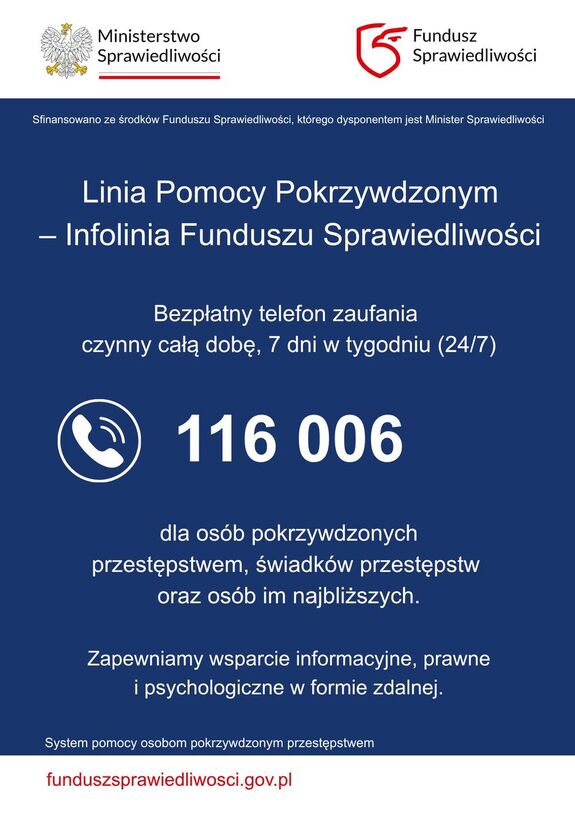 Linia Pomocy Pokrzywdzonym – Infolinia Funduszu Sprawiedliwości dane kontaktowe numer 116 006