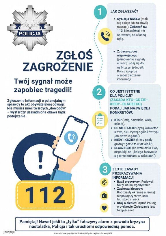 Plakat akcji "Życie to nie gra. Masz je tylko jedno" z numerem alarmowym 112 do zgłaszania zagrożeń