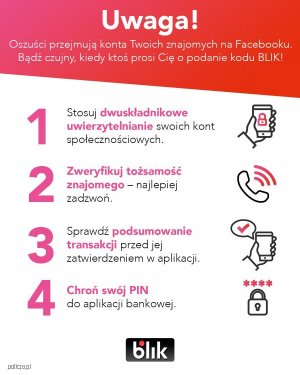 Infografika z białym napisem na czerwonym tle: UWAGA! Oszuści przejmują konta Twoich znajomych na Facebooku. Bądź czujny kiedy ktoś prosi Cię o podanie kodu BLIK!
Poniżej czarne i różowe napisy na białym tle w punktach:
Punkt pierwszy: Stosuj dwuskładnikowe uwierzytelnianie swoich kont społecznościowych. Z boku rysunek dłoni, która trzyma telefon komórkowy a na jego ekranie narysowana jest kłódka.
Punkt drugi: Zweryfikuj tożsamość znajomego - najlepiej zadzwoń. Z boku rysunek słuchawki.
Punkt trzeci: Sprawdź podsumowanie transakcji przed jej zatwierdzeniem w aplikacji. Z boku rysunek - komórka w dłoni i znak pozytywnego wyróżnienia.
Punkt czwarty: Chroń swój PIN do aplikacji bankowej. Z boku rysunek kłódki i nad nią cztery gwiazdki.
Pod spodem logo z napisem BLIK.